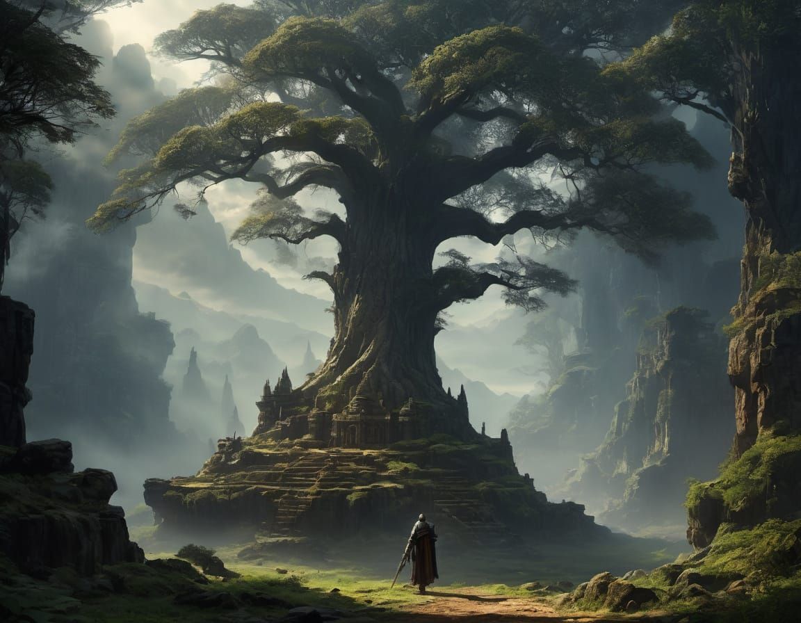 Mystical Giant Wields Ancient Sword in Earthy Fantasy Realm