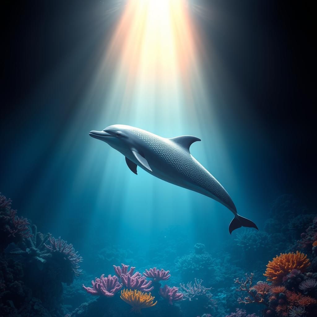 Dolphin in Coral Reef with Light Rays