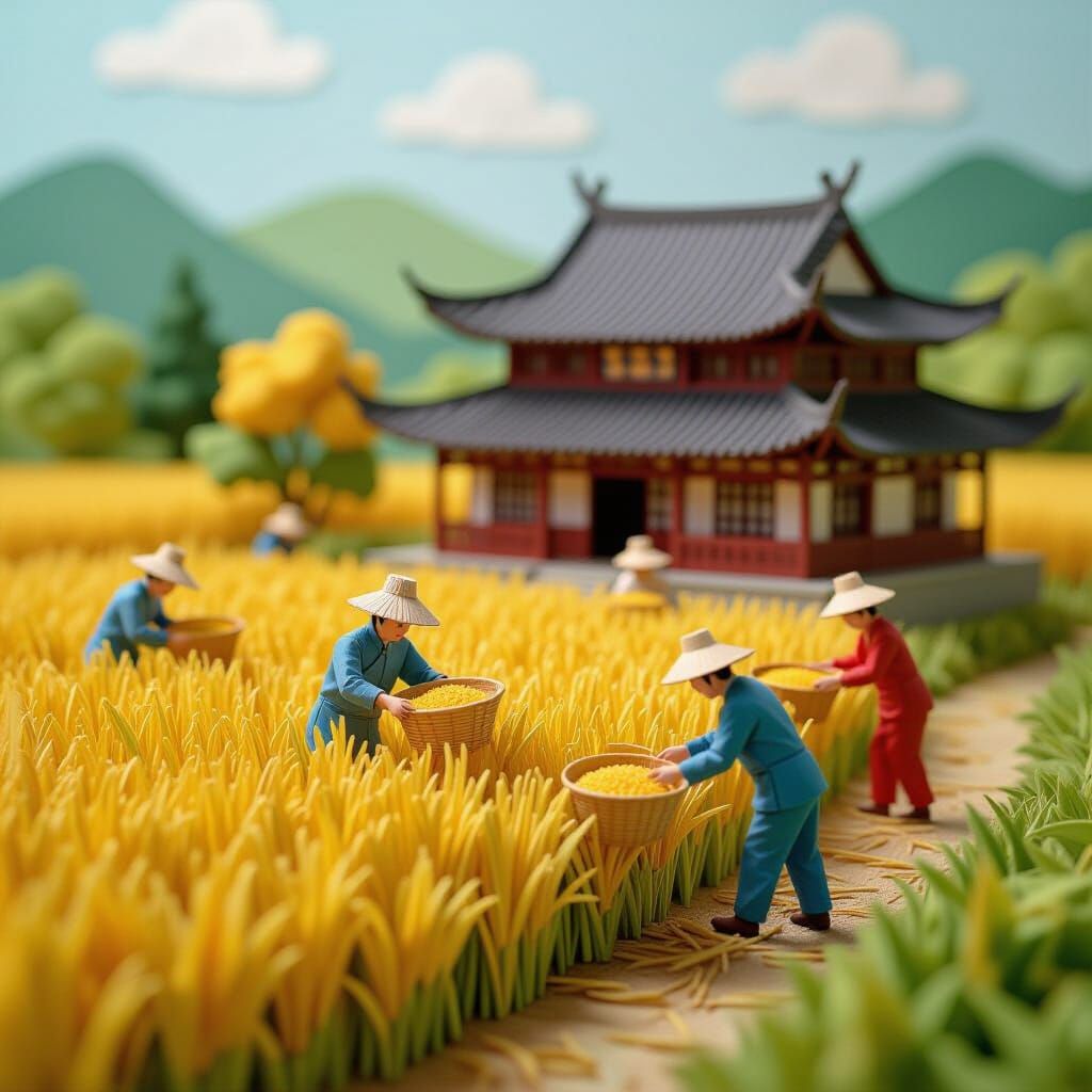 Chinese Rice Harvest Diorama in Origami Style
