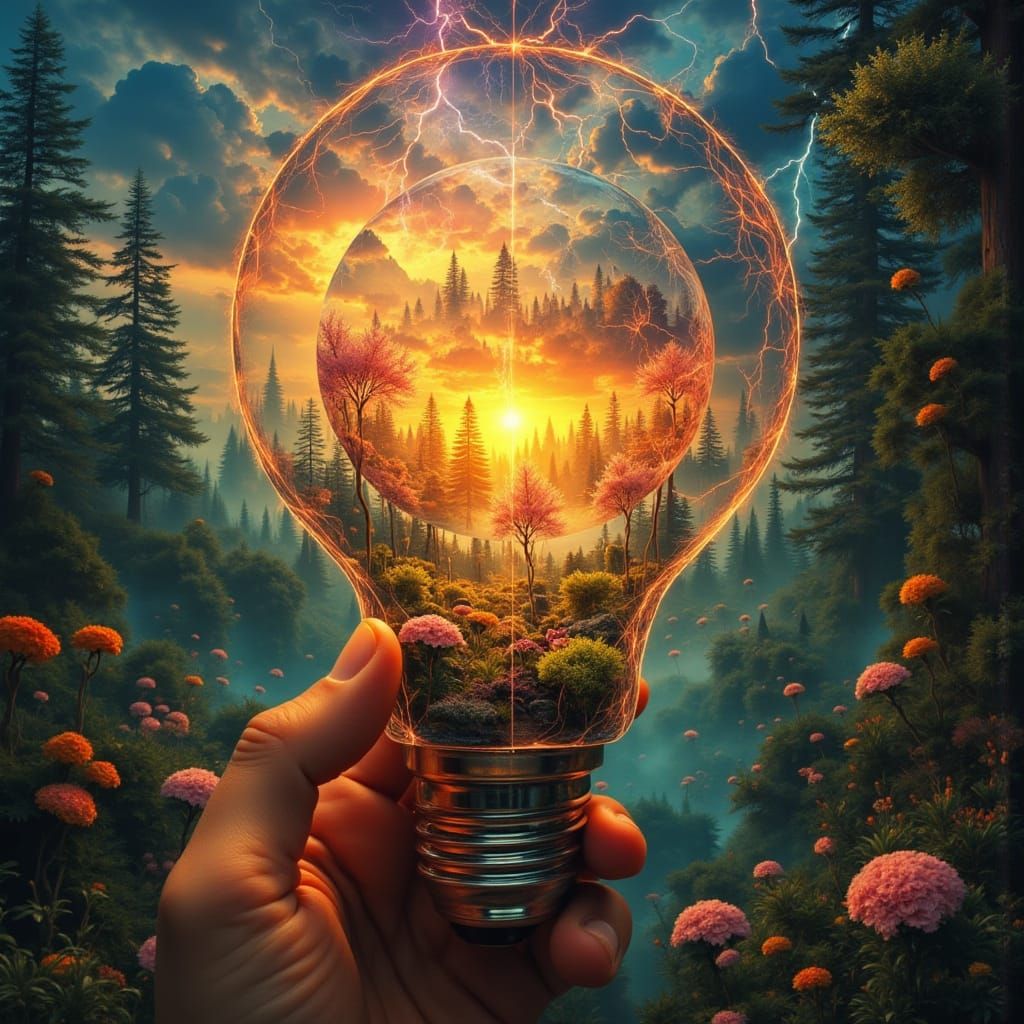 Man Holds Lightbulb With Garden Sunset Inside