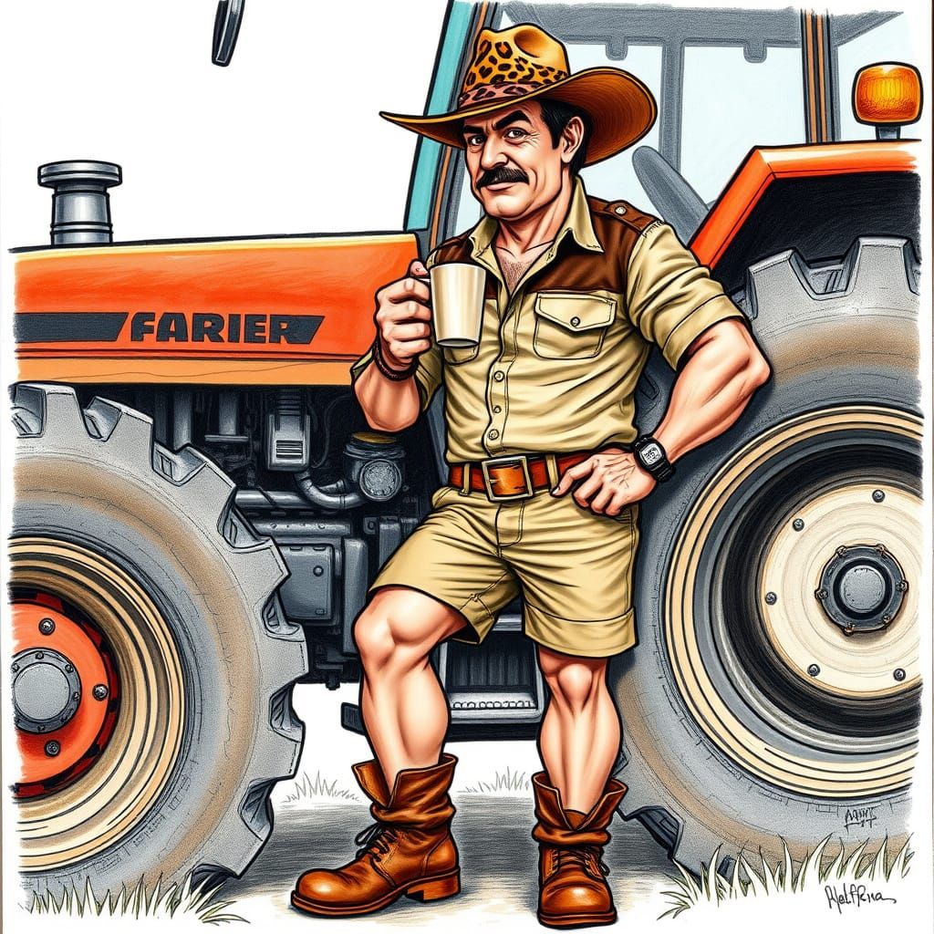 Afrikaner Farmer Enjoying Coffee in Caricature Style