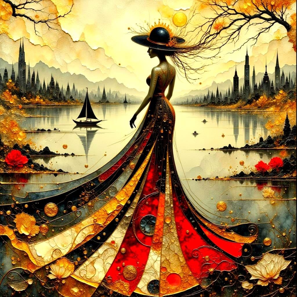 Woman with Cityscape Hat Reflected on Lake, Surreal Art