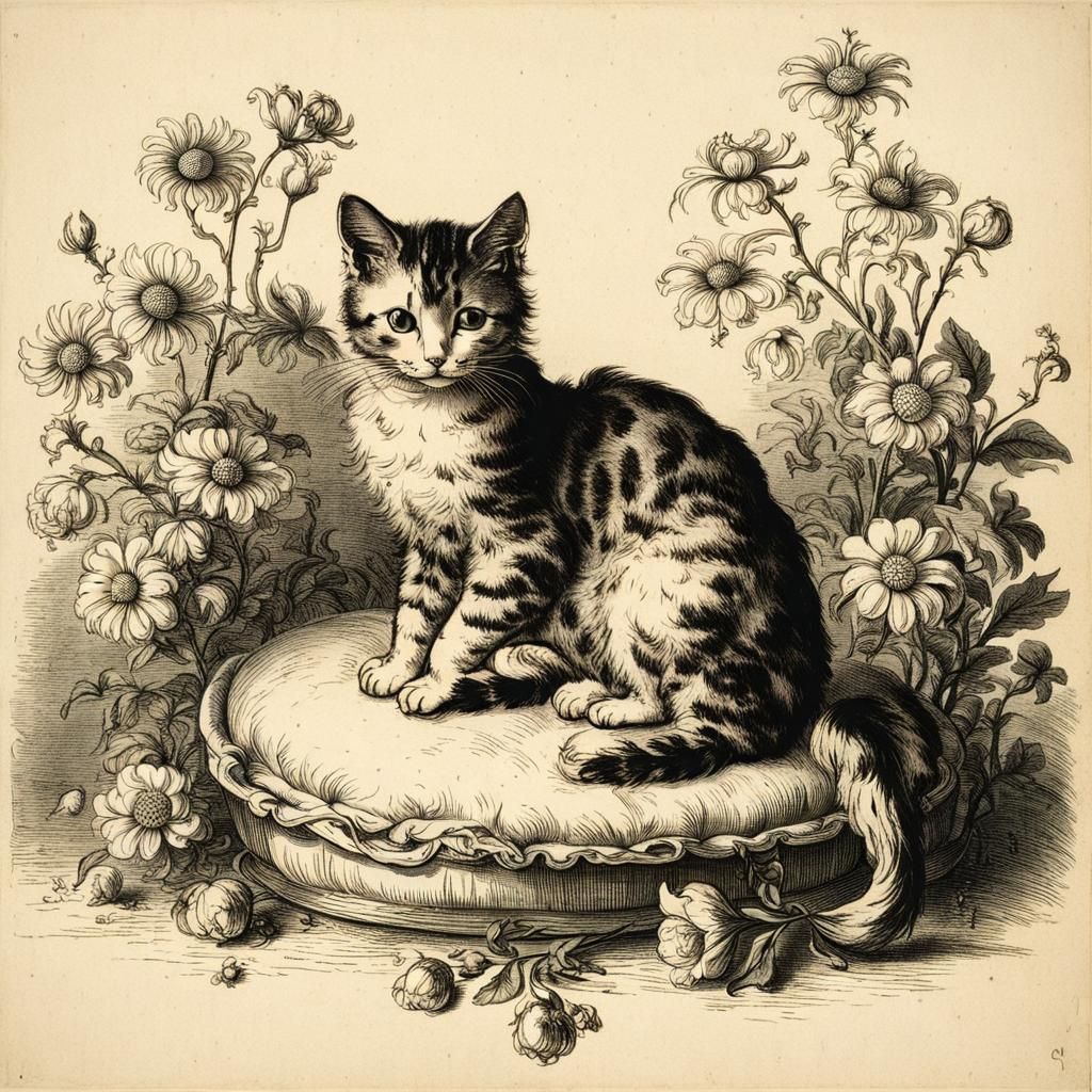 Cute Cat Surrounded by Flowers in Etching Style