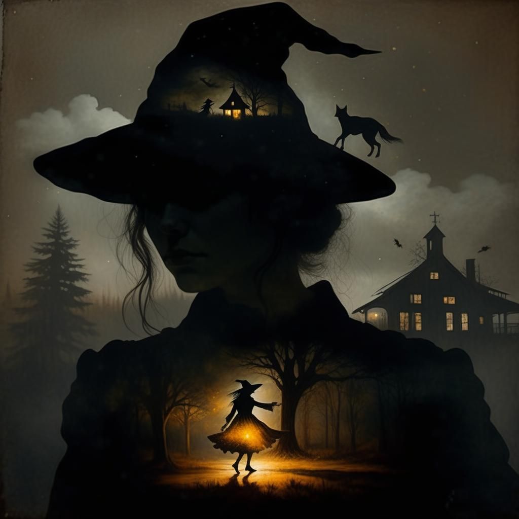 Dancing Witch Silhouette in Oil, Double Exposure