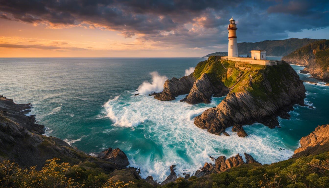 Hyperrealistic Seascape with Lighthouse at Sunset