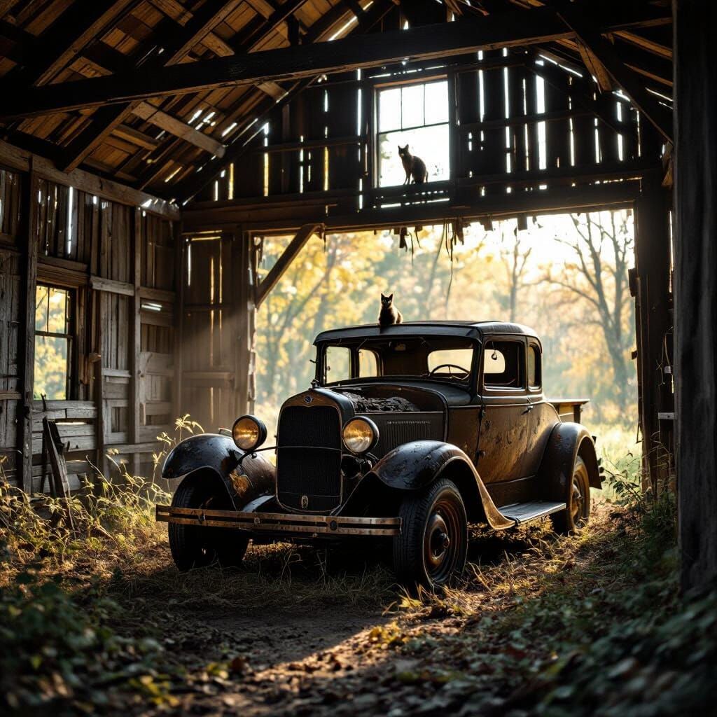 Abandoned Barn with Vintage Car in Golden Hour Light