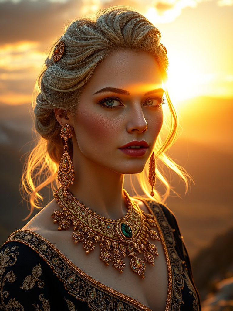 Elegant Woman in Golden Jewelry, Art Nouveau Portrait