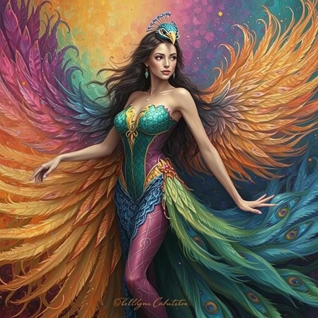 Dragon Peacock Woman in Abstract Fauvism Style