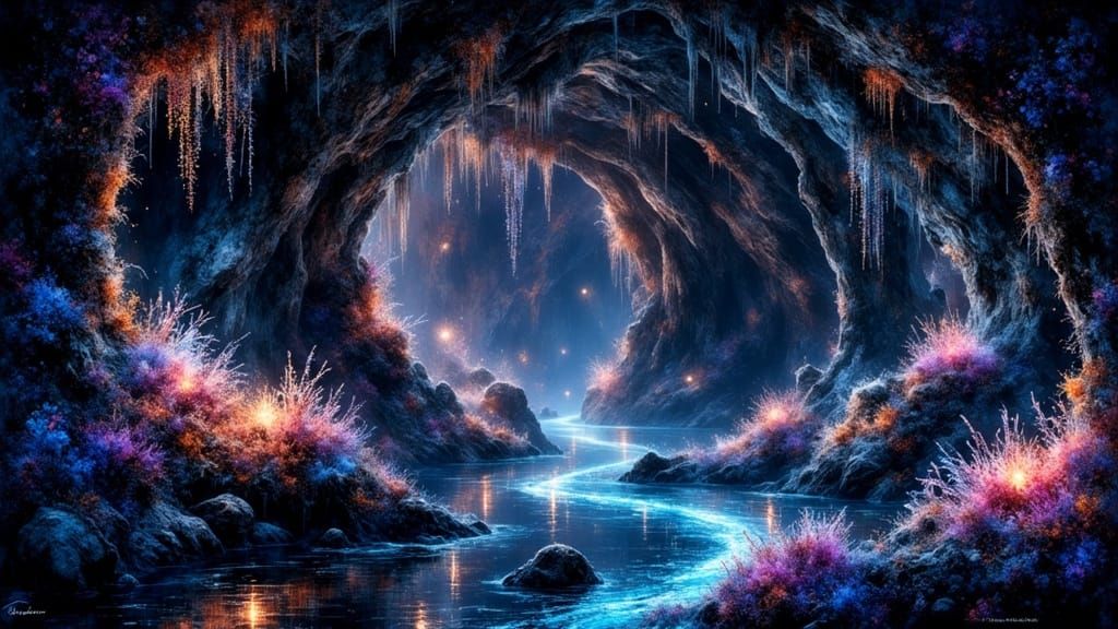 Bioluminescent Grotto with Crystalline Flora in Surreal Styl...