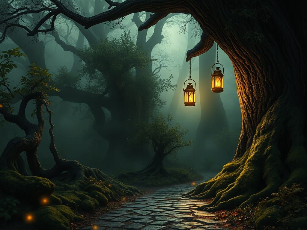 Glowing Lantern Guides Forgotten Forest Path