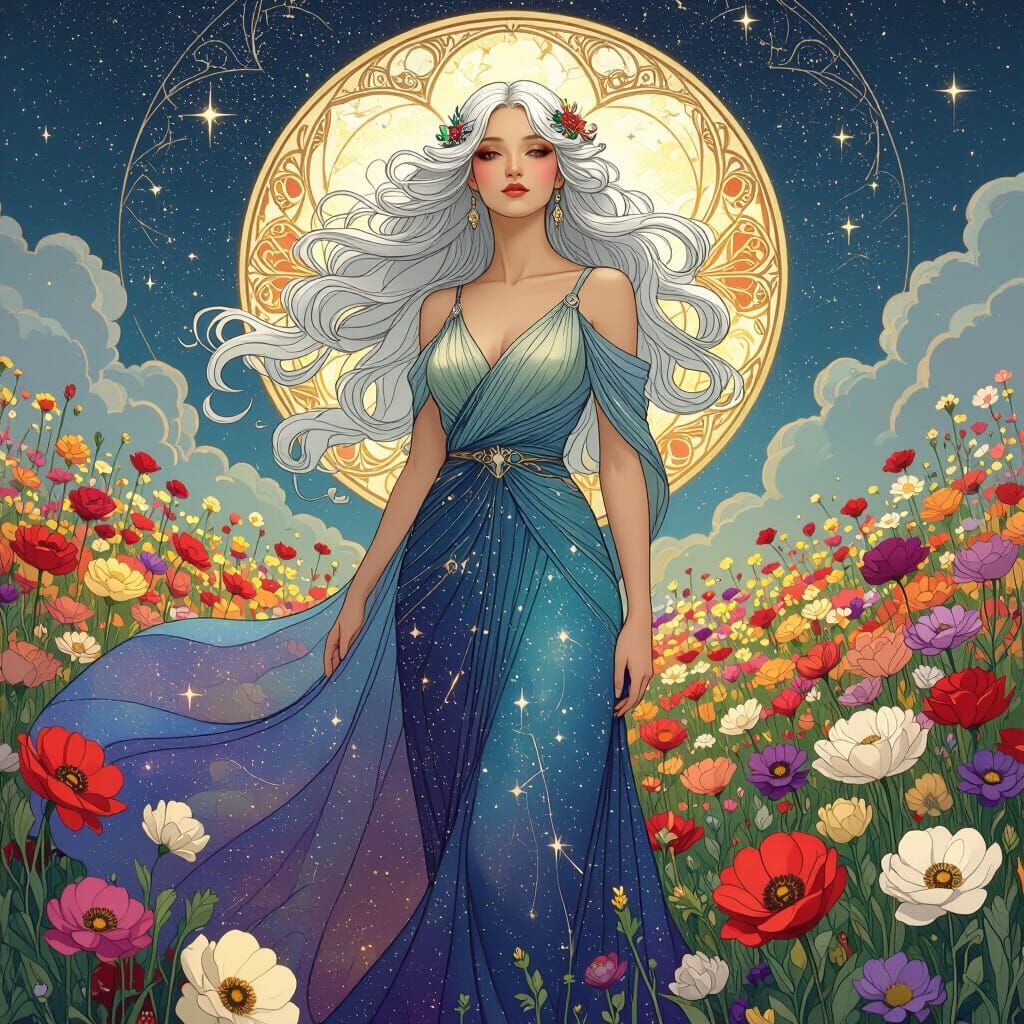 Cosmic Goddess in a Flower Field, Art Deco Style