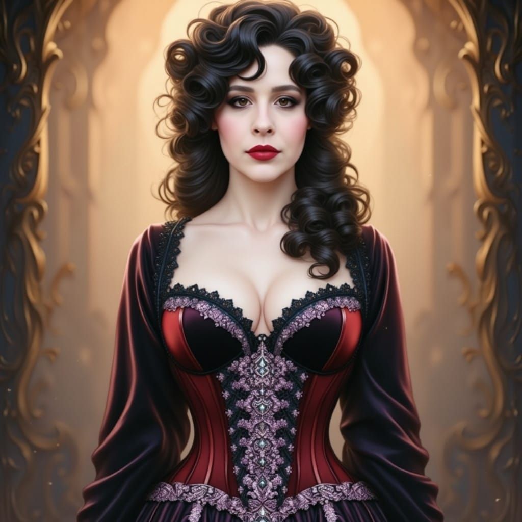 Elegant Lady in Velvet and Lace, Rococo Style Portrait