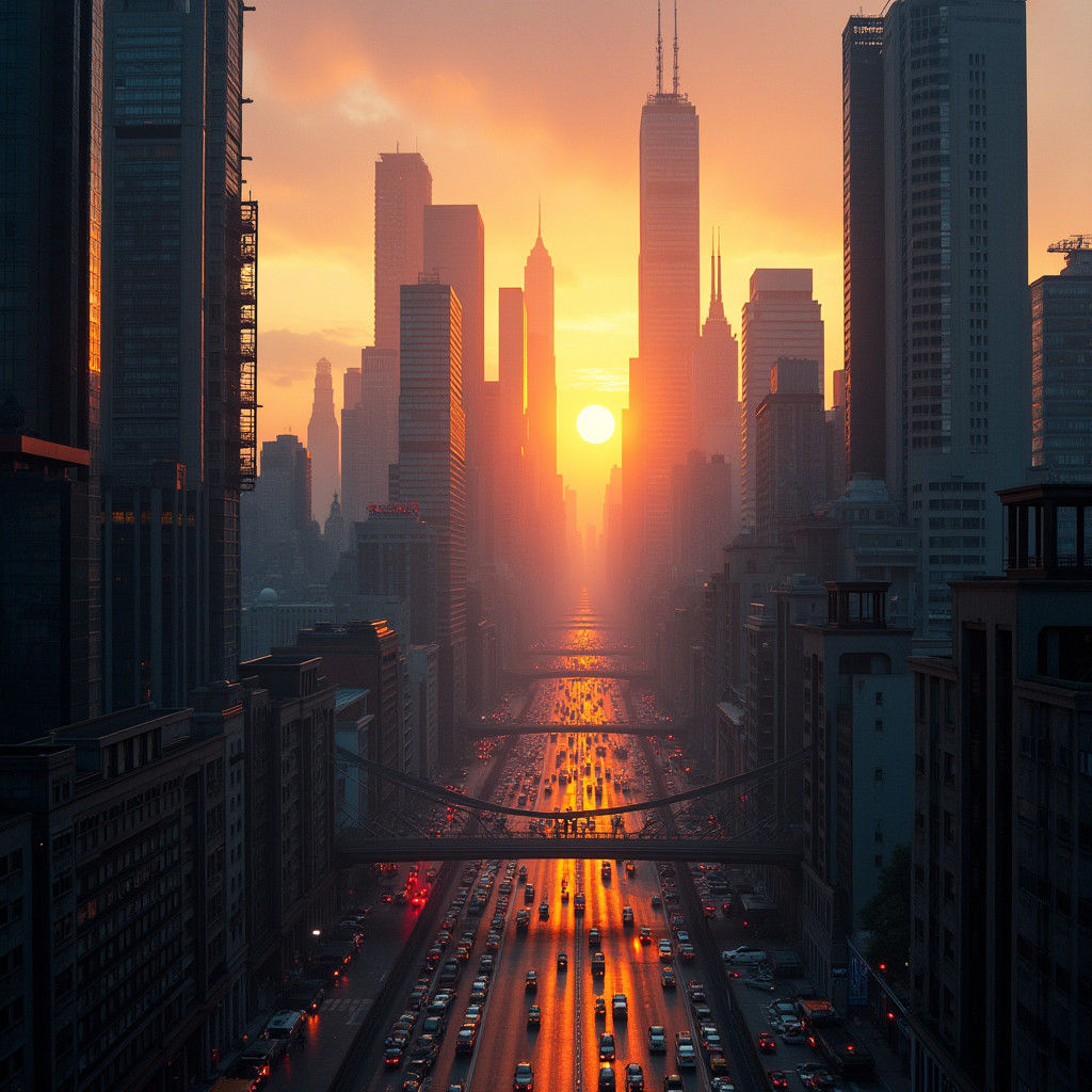 Metropolis Sunrise: HDR Cityscape in Cinematic Style