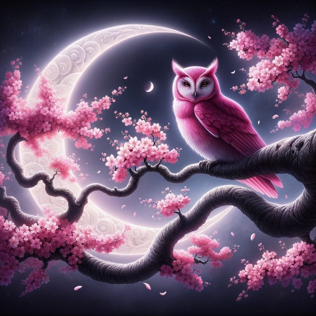 Enchanted Pink Owl Under Springtime Sakura Moonlight