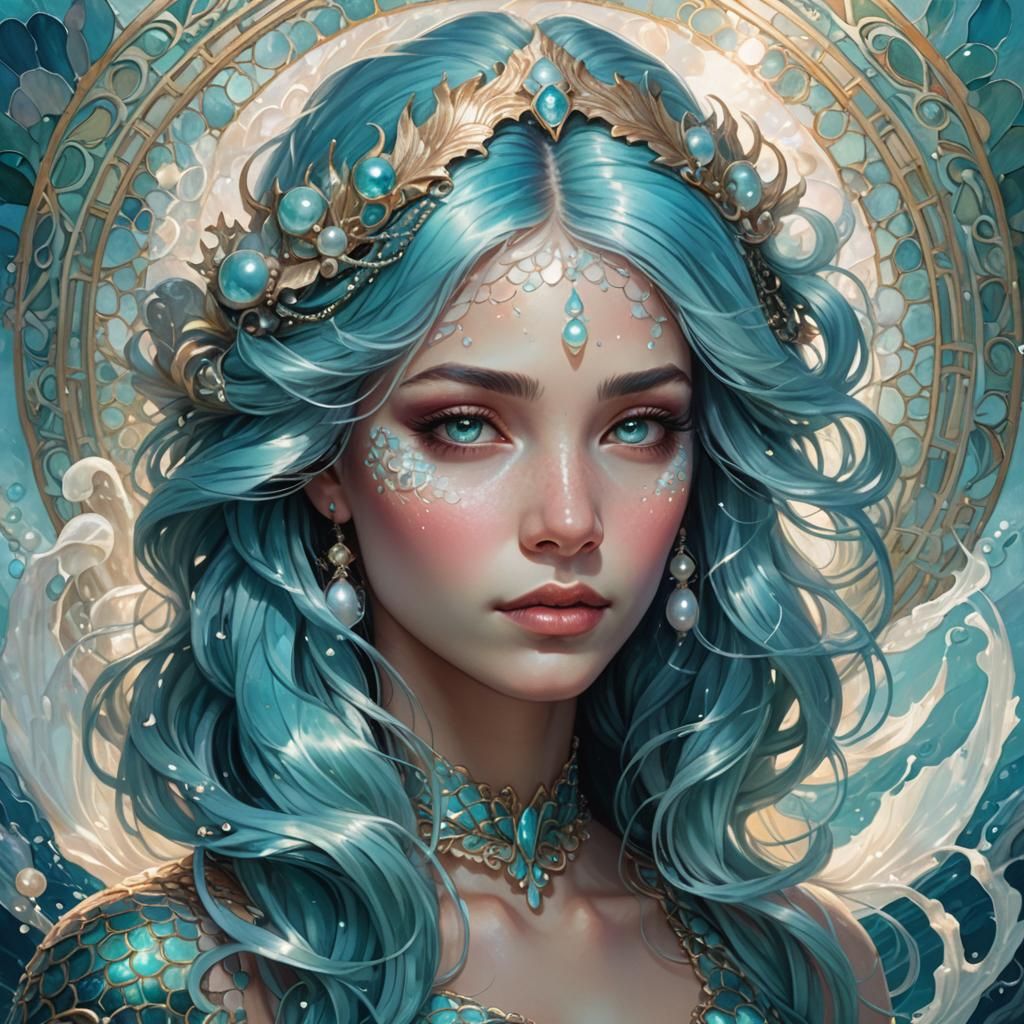 Pearl Mermaid Portrait in Art Nouveau Style