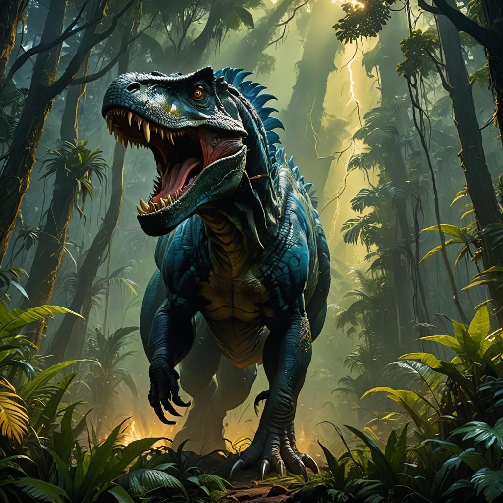 Tyrannosaurus Rex Roars in Jungle: Impressionist Fantasy Art
