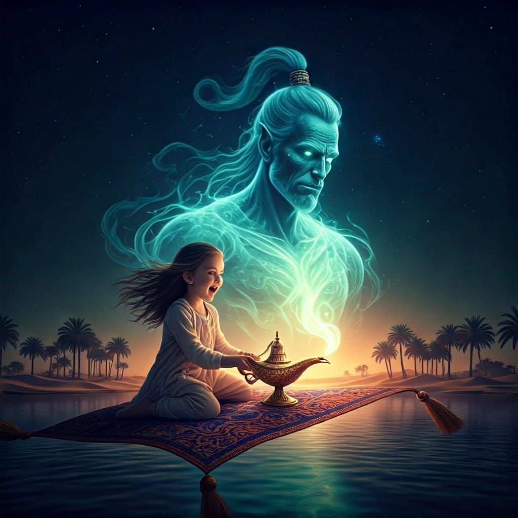 Girl Rides Magic Carpet with Genie Lamp