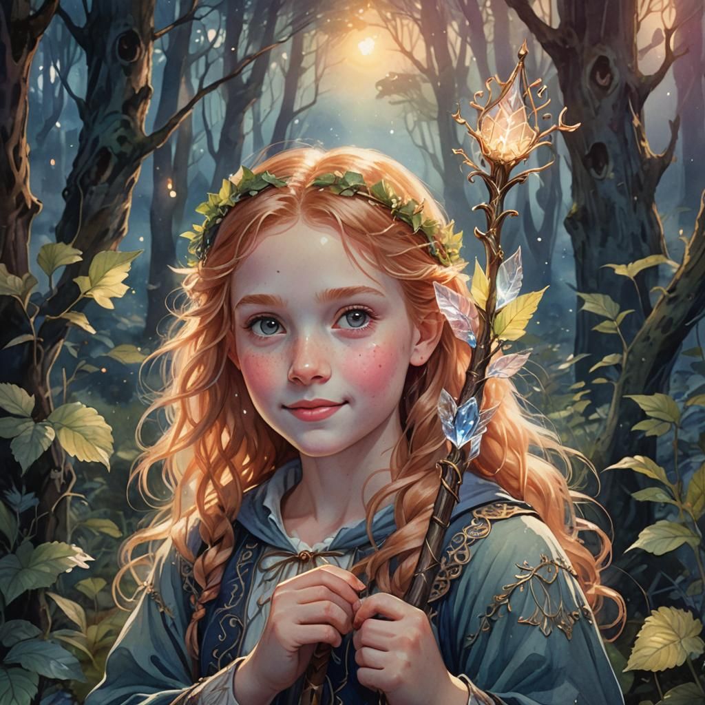 Girl With Staff in Enchanted Forest: Watercolour Painting
