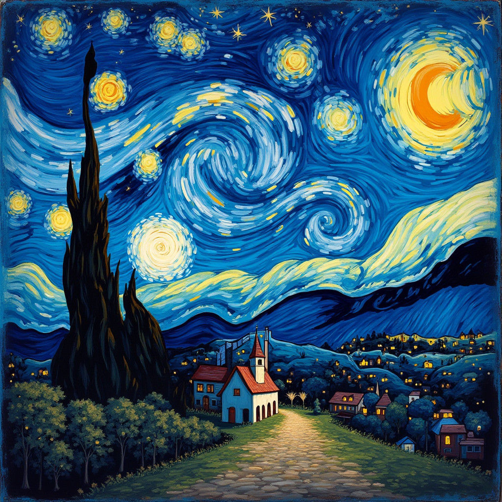 Starry Night Village in Post-Impressionist Style