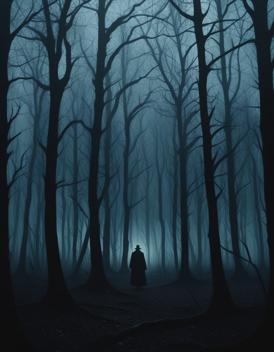 Lone Figure in Shadowed Forest: Gothic Oil Painting