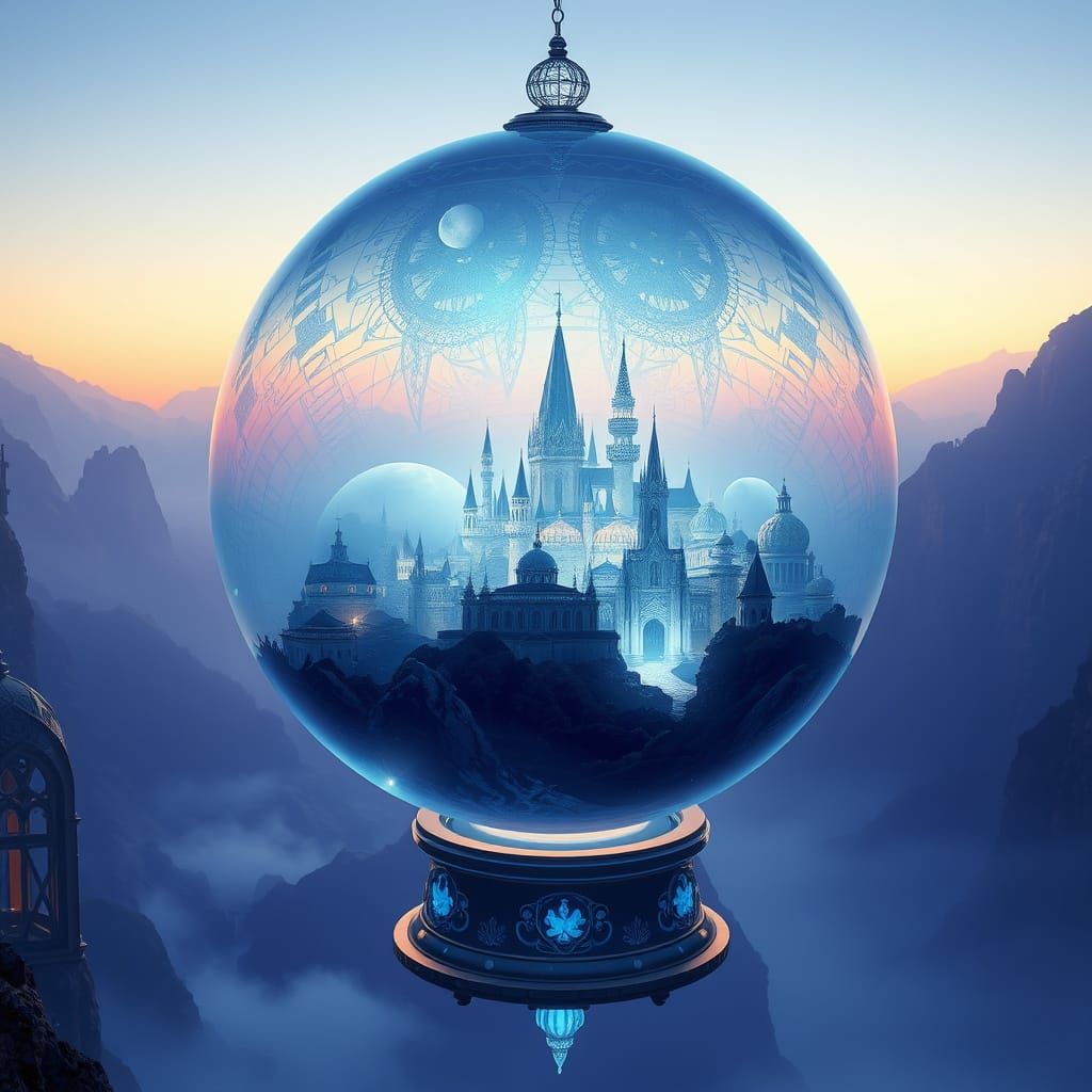 Ethereal Blue Cityscape within a Glowing Magical Orb
