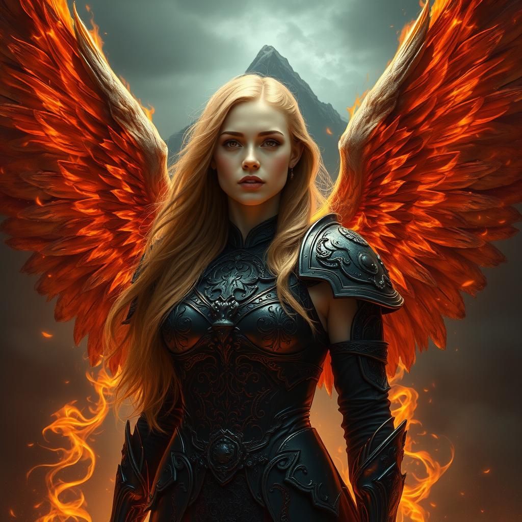Fiery Angelic Warrior in Obsidian Armor