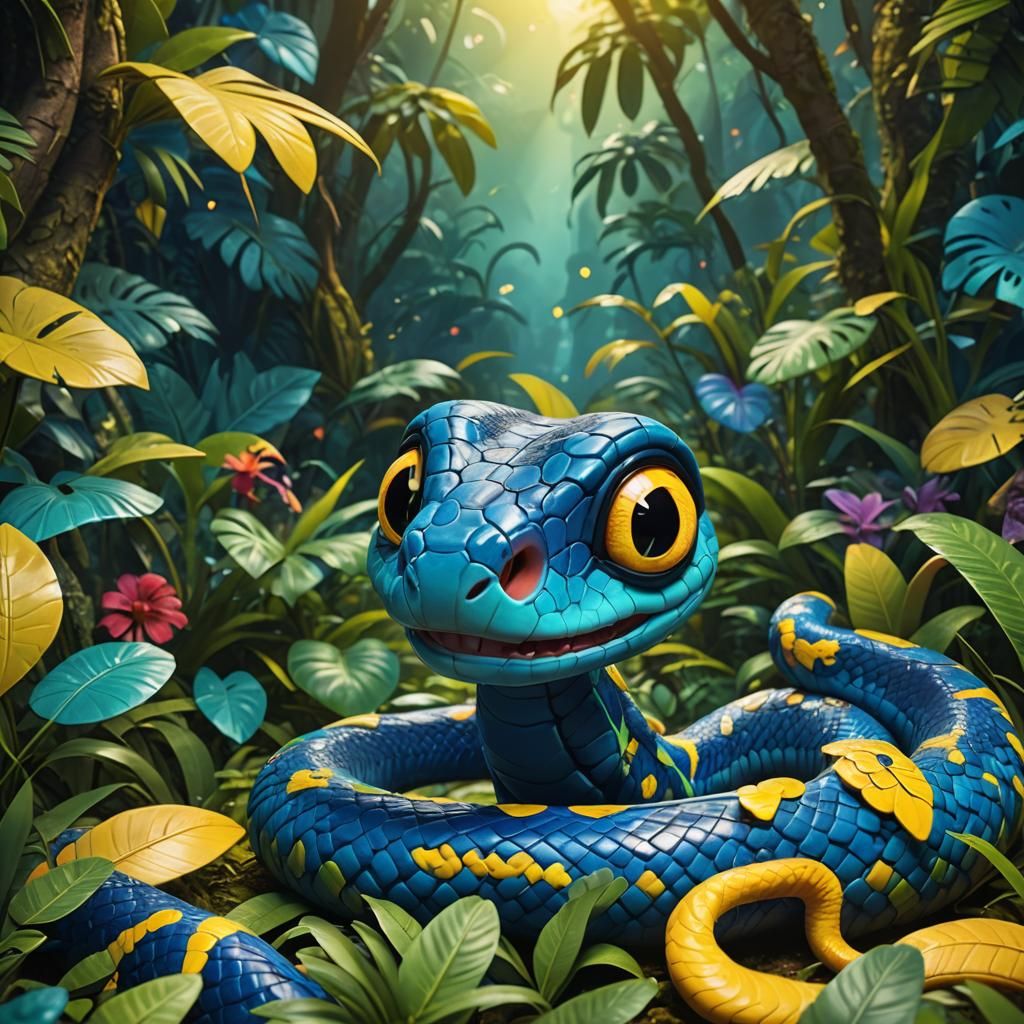 Friendly Snake with Big Eyes in Jungle, Pixar Style