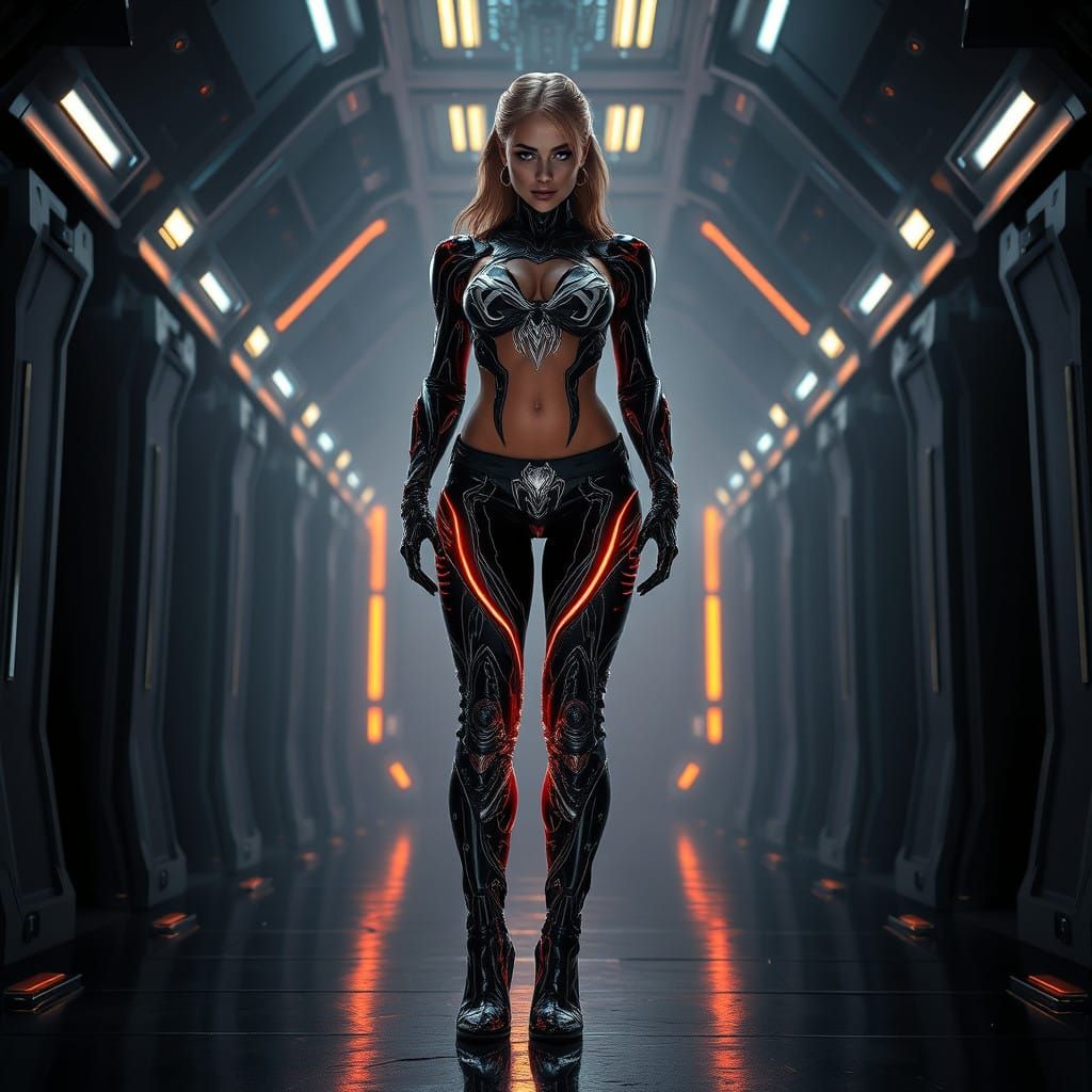 Godlike Superheroine in Radiant Liquid Suit, Overknee Boots,...