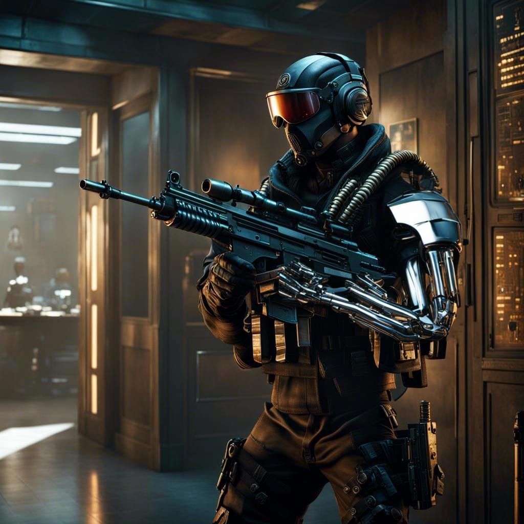 Cybernetic Mercenary with Chrome Arm in Cyberpunk Style
