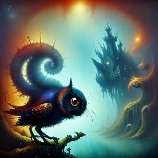 Cute Fluffy Baby Owl in Magical Style