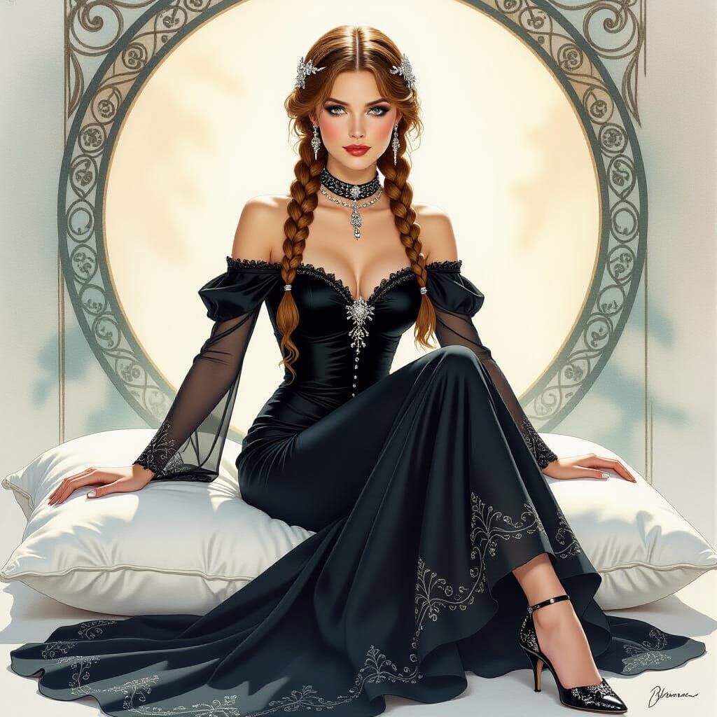 Beautiful Woman in Black Dress Seated on Pillow