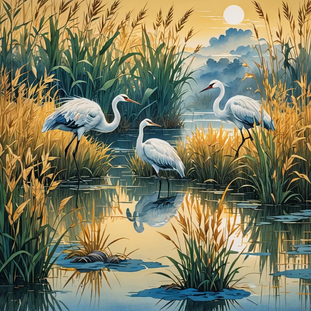 Golden Reeds and Cranes in Watercolor Style