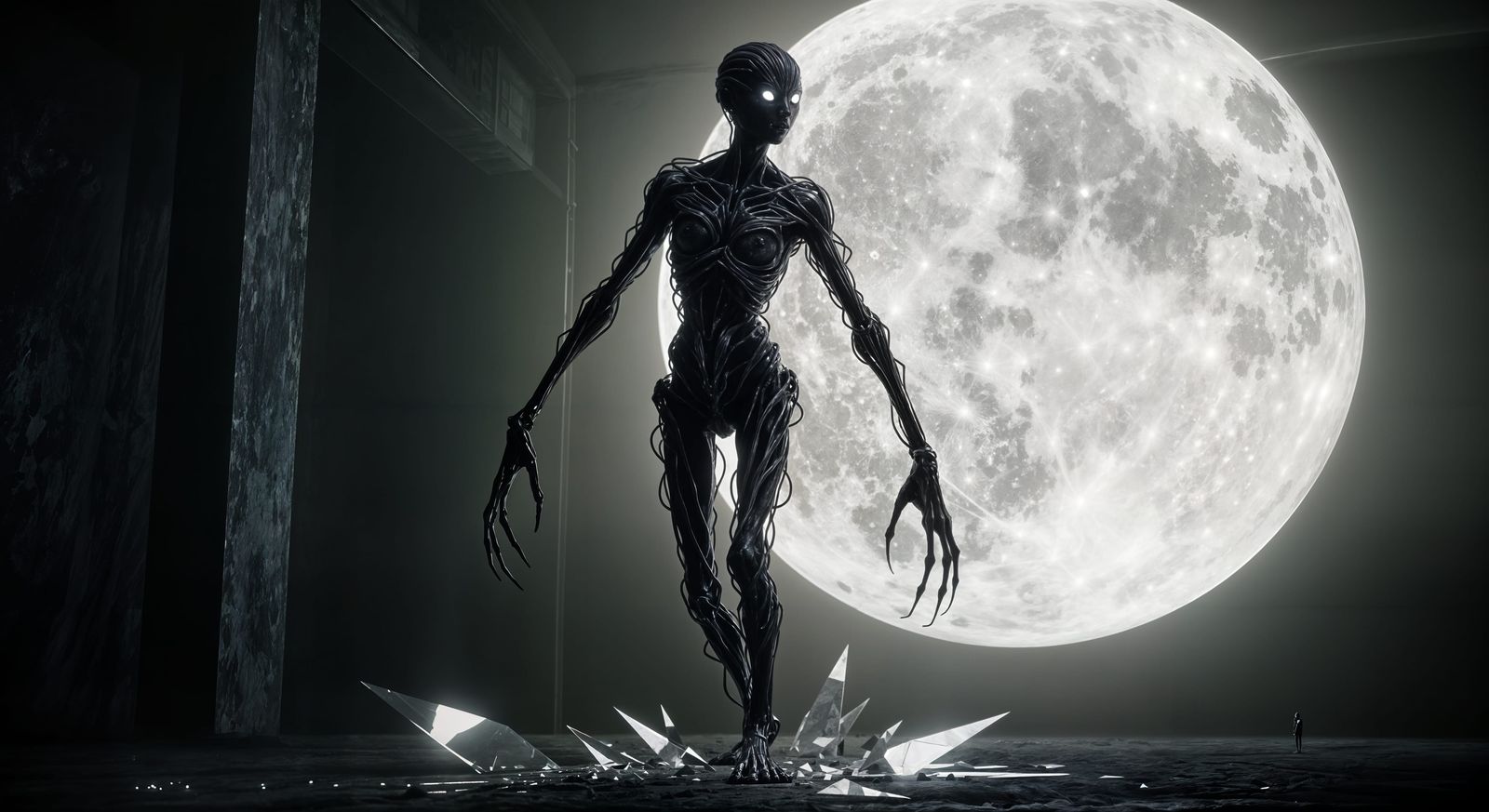 Surreal Shadow Figure Under Glowing Orb