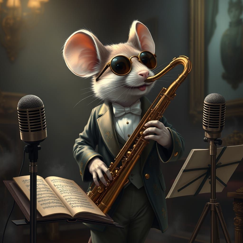 A whimsical, elegant scene featuring an anthropomorphic mouse playing a saxophone in a dimly lit, sophisticated setting....