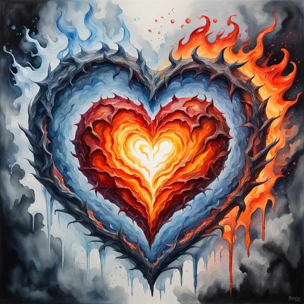 Fire and Ice Heart: Grotesque Watercolor Masterpiece