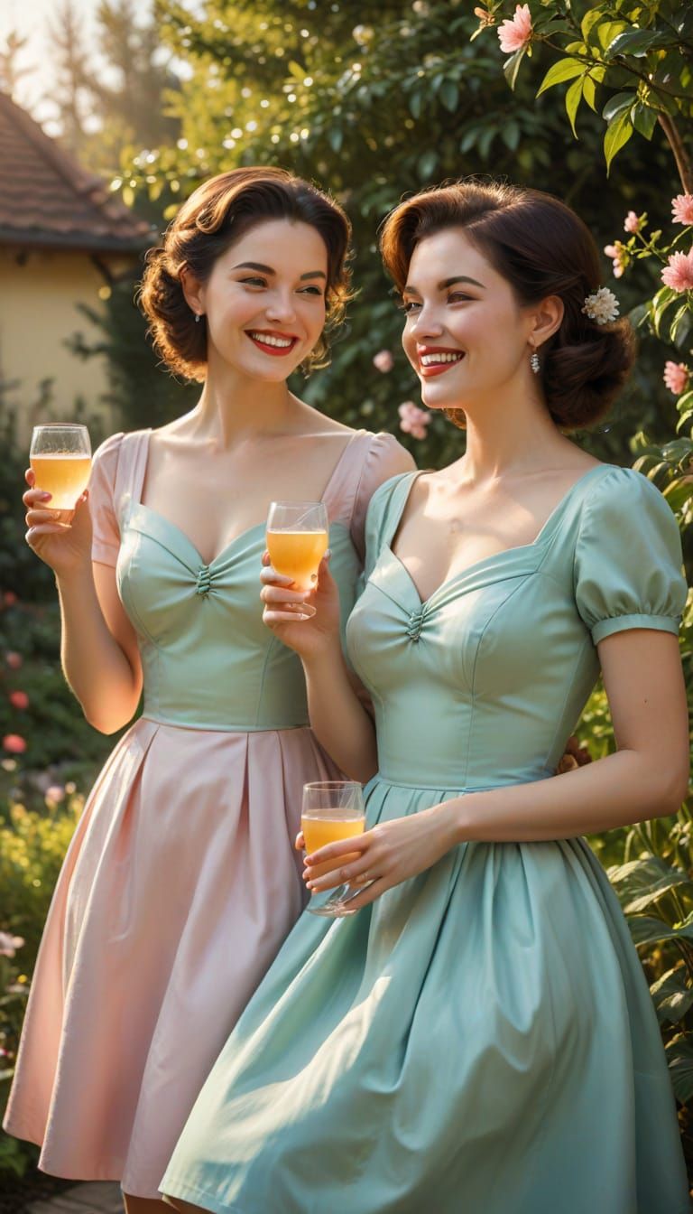 Tradwives Sip Tea in a Sunny Garden, Hyperrealistic Art