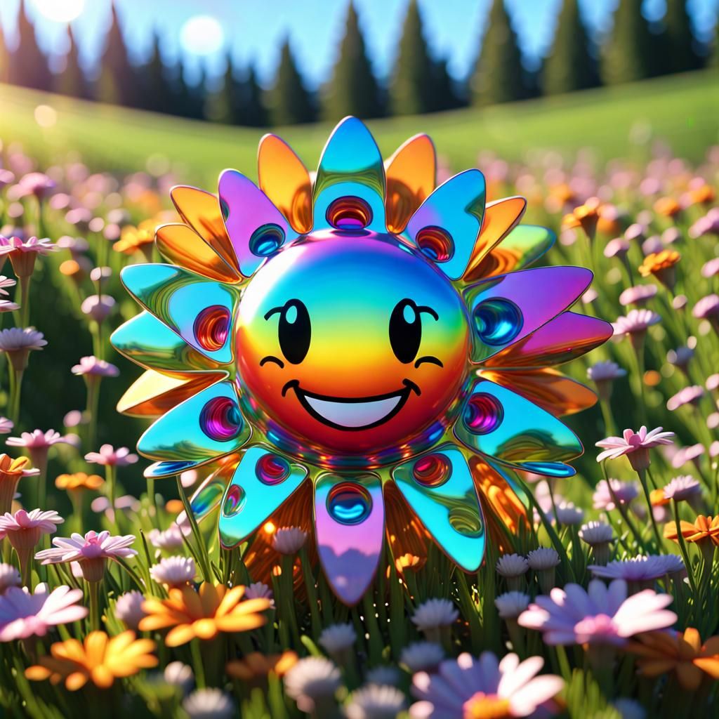 Rainbow Fractal Chip in Meadow: 3D Photorealistic Render