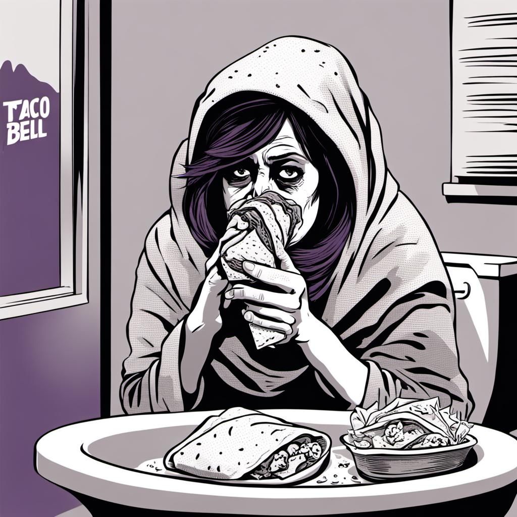 Miserable Woman Eating Burrito on Toilet