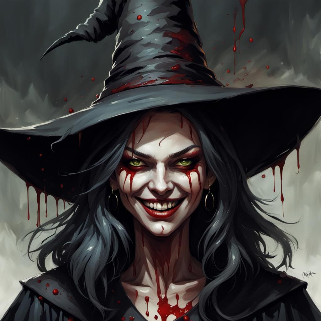 Sinister Young Witch with Blood, Gothic Art