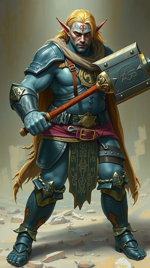 Scarred Aquatic Half-Elf Cleric Wielding Mace as Oil Paintin...