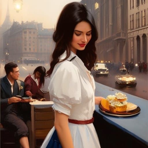 Waitress Serving Drinks in Crowded Restaurant