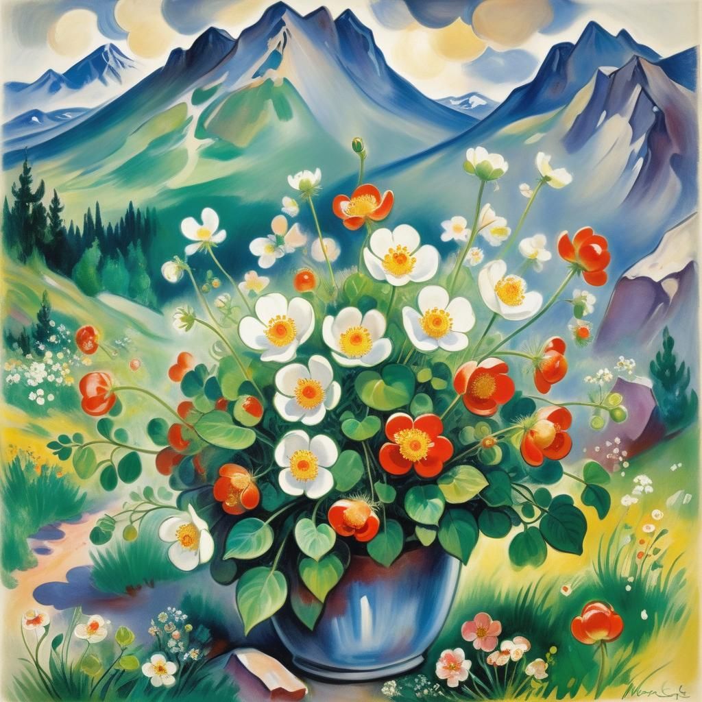 Whimsical Cloudberry Blooms Under Mountain Peaks