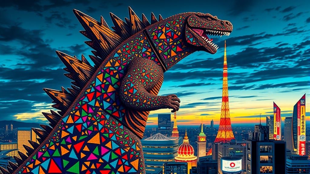 Byzantine Mosaic Godzilla in Vibrant Tokyo Cityscape