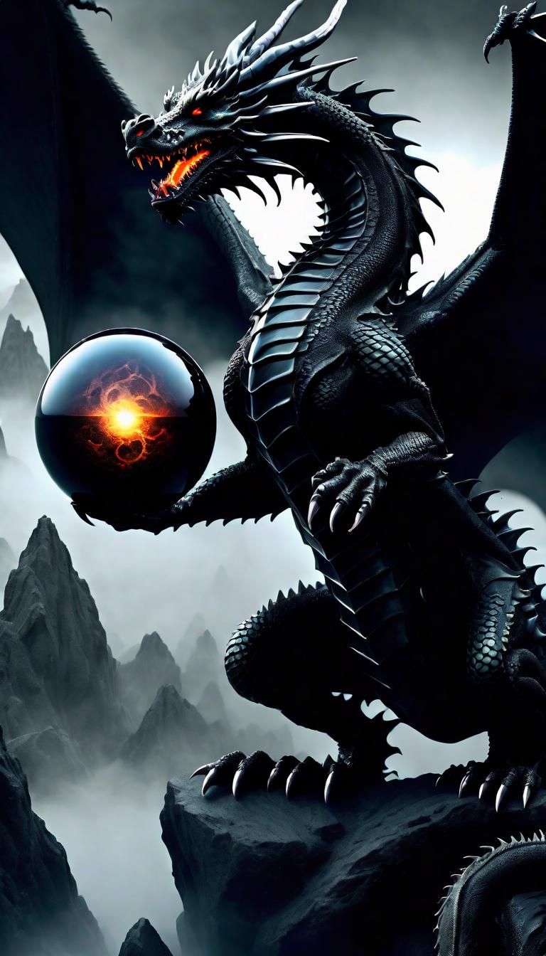 Black Dragon Holding Obsidian Orb in CGI Style