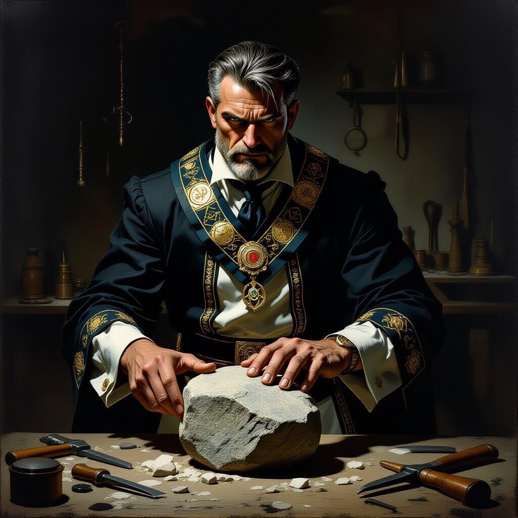 Stone Mason Becomes Freemason Man in Dark Fantasy Art