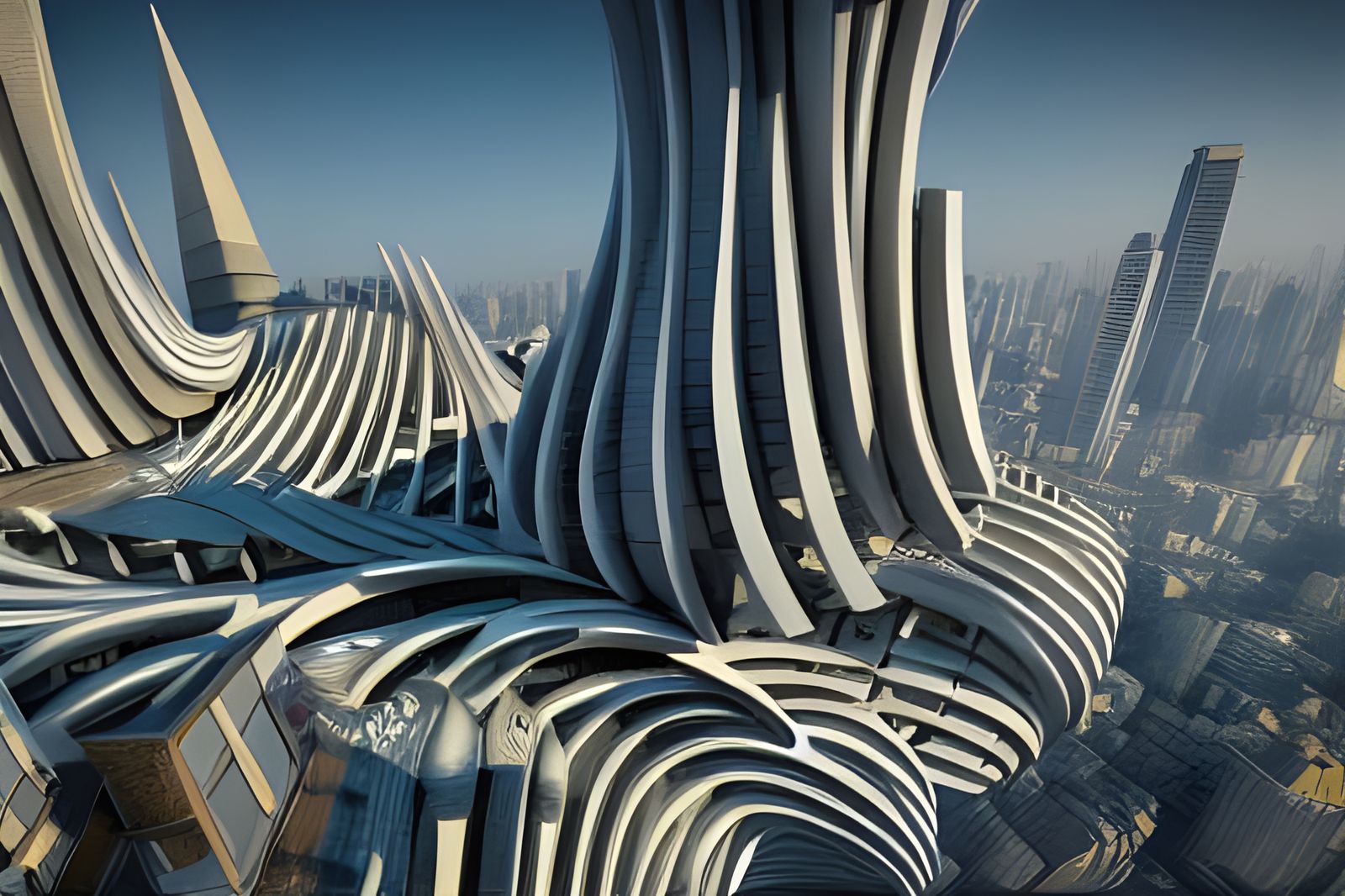 Futuristic City with Organic Architecture in Cubist Style