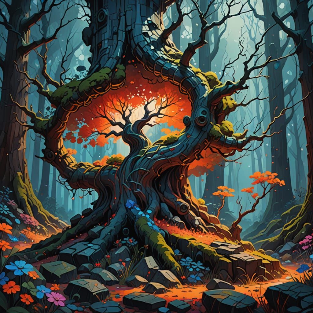 Mystical Pop Art Tree in Enchanted Forest