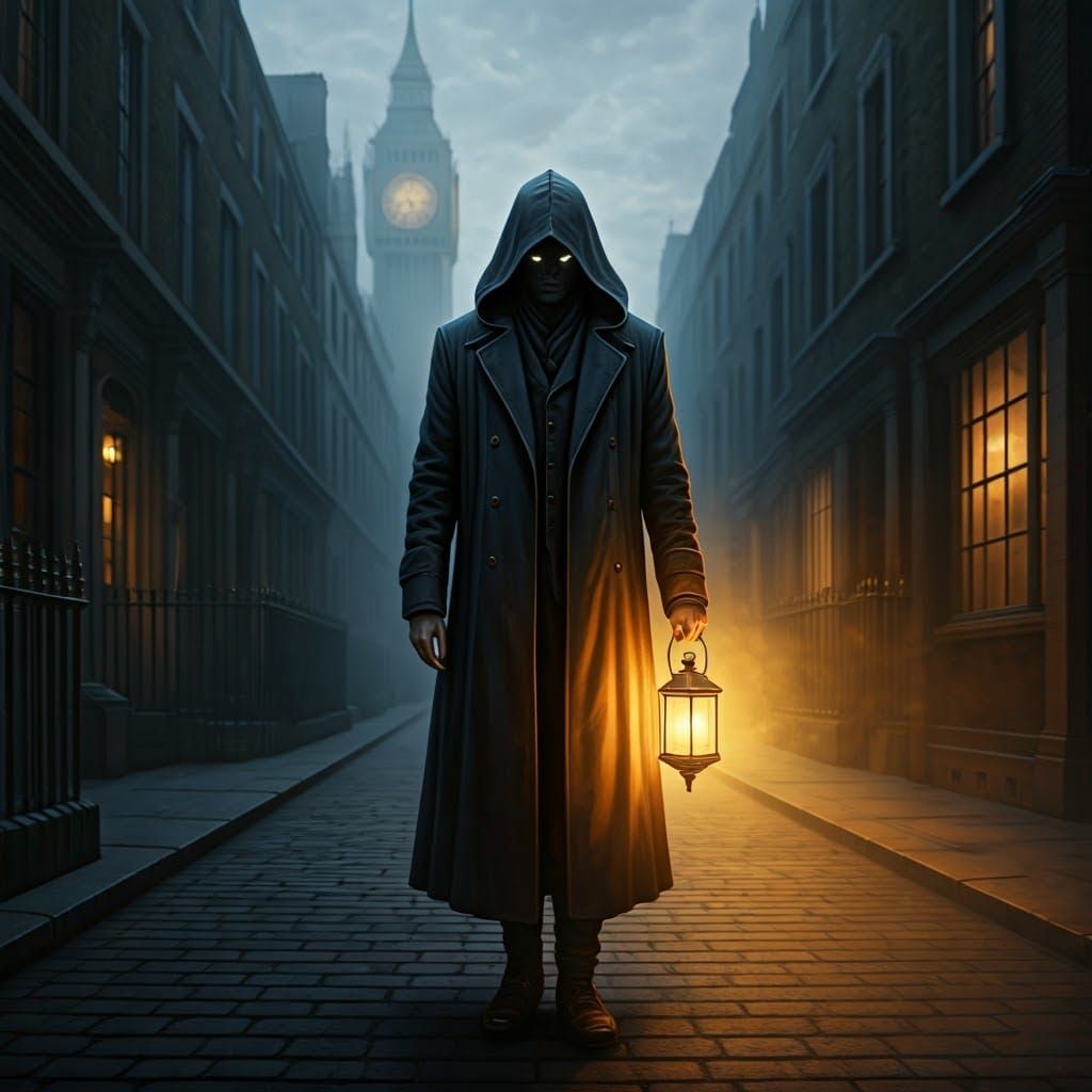 Figure in Dark Coat Walks Down Foggy London Street at Night