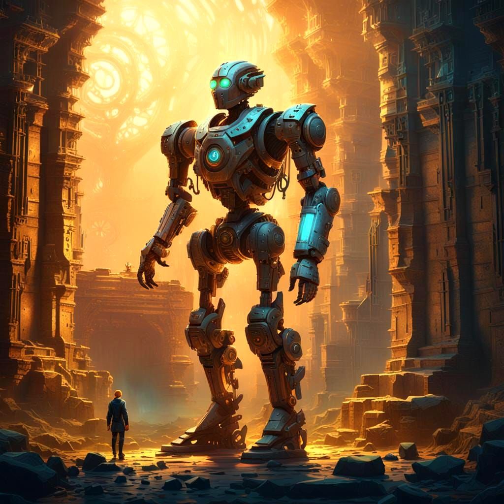 Half-Robot Human in Detailed Matte Painting Style
