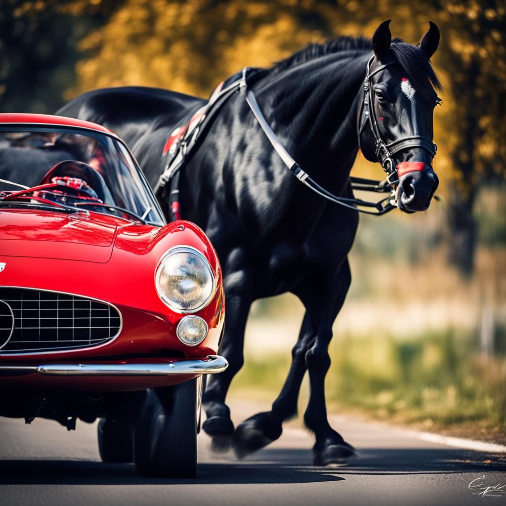 Black Horse with Red Mane on Red Ferrari